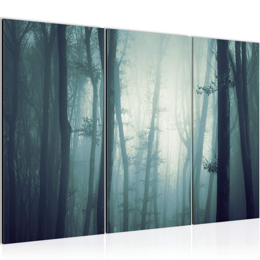 Runa Art Wandbilder Wald Nacht Bild XXL Schlafzimmer Wohnzimmer Türkis Nebel 120 x 80 cm 3 Teilig 01