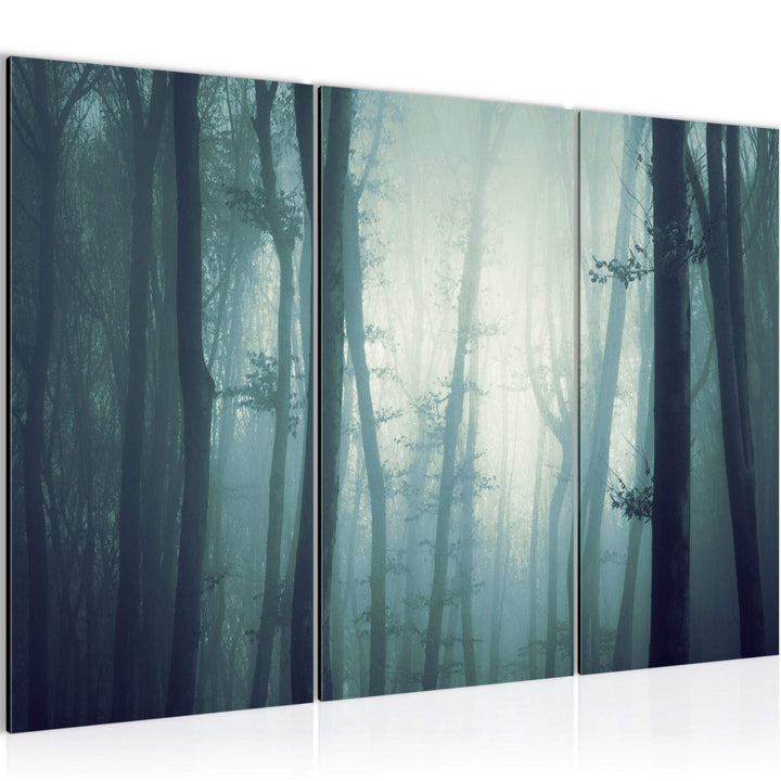 Runa Art Wandbilder Wald Nacht Bild XXL Schlafzimmer Wohnzimmer Türkis Nebel 120 x 80 cm 3 Teilig 01
