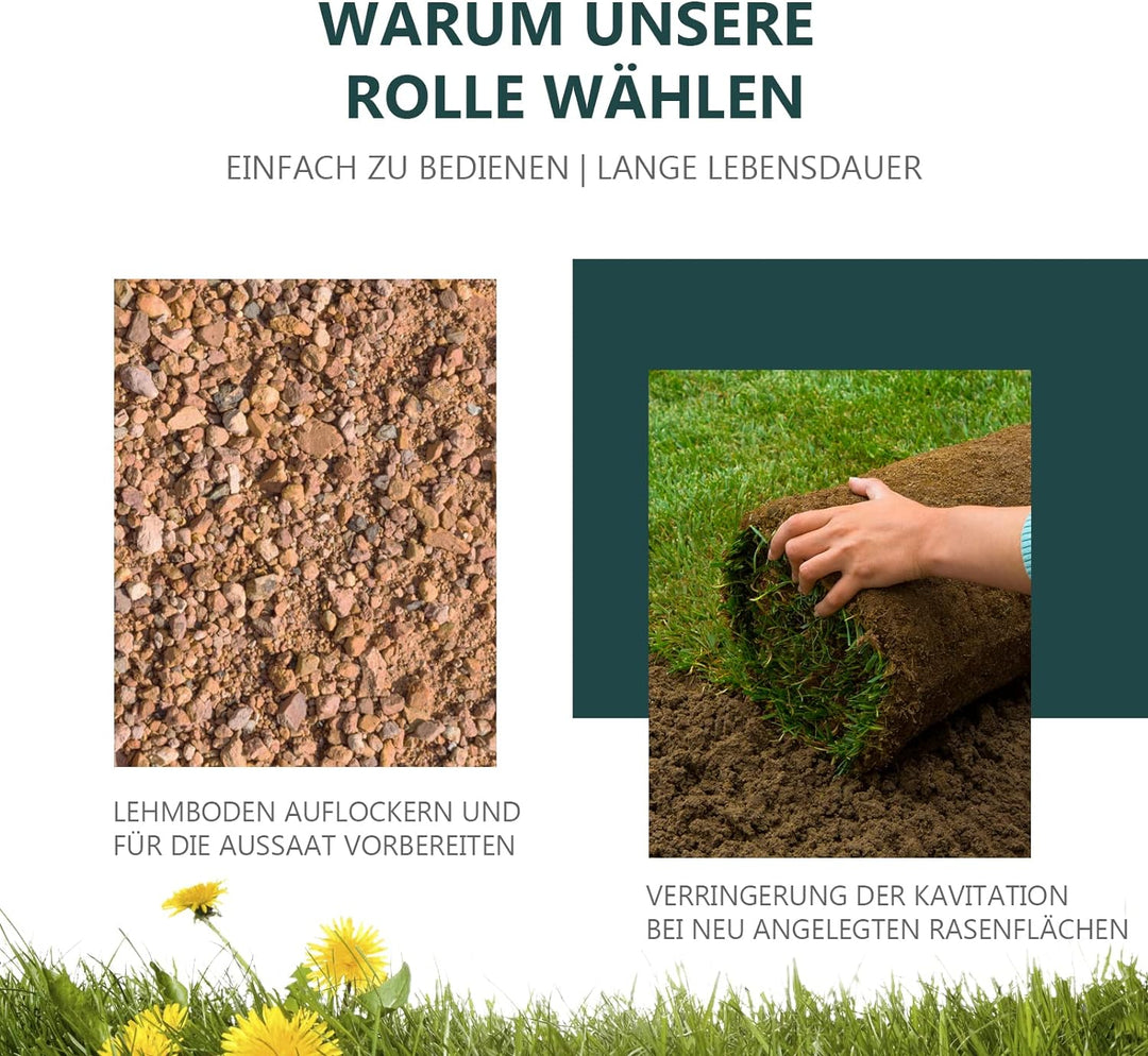 RELAX4LIFE Rasenwalze 90cm Breite 63L Füllvolumen, Rasenroller aus Stahl, Gartenwalze mit U-förmigem
