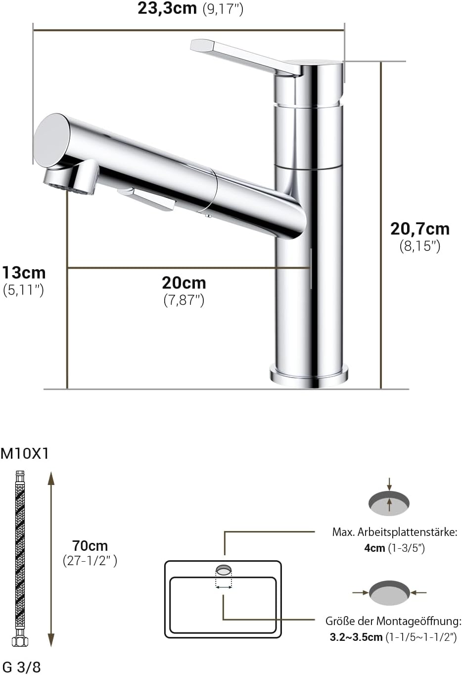 DAYONE Küchenarmatur mit Ausziehbarer Brause, SUS304 Edelstahl Hochdruck Wasserhahn Küche, Mischbatt