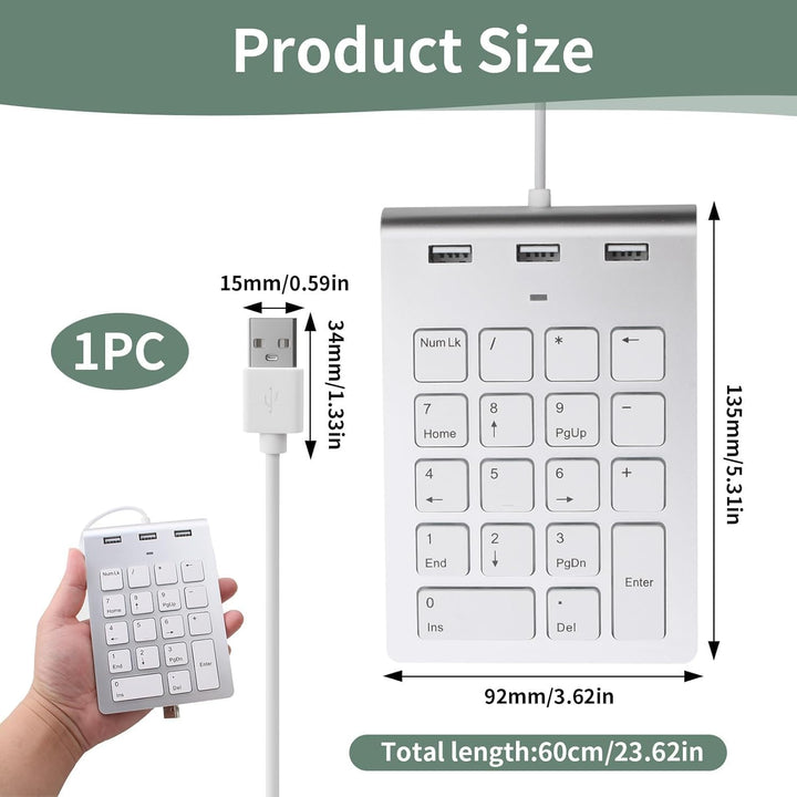 Numpad Wired USB-A Numeric Keypad Wired Numpad mit 3 USB 2.0 Hub Nummernblock Tastatur 18 Tasten 15°