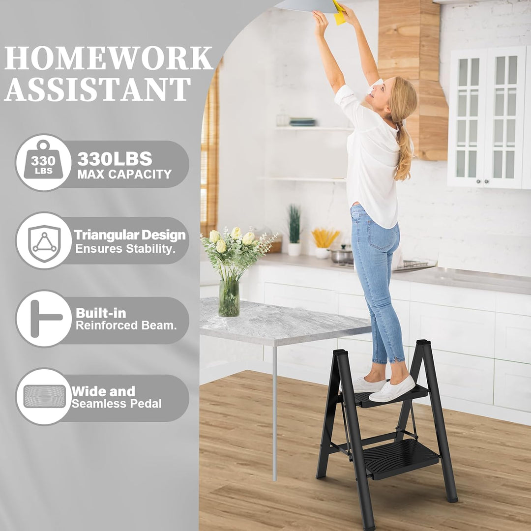 HBTower Trittleiter 2 Stufen Klappbar, Leiter mit breitem Anti-Rutsch-Pedal, Tritthocker mit 150kg K
