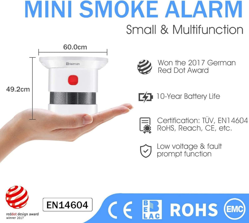 HEIMAN Mini Rauchmelder Feuermelder mit 10 Jahren Batterielaufzeit Brandmelder,TÜV und EN14604 Zerti