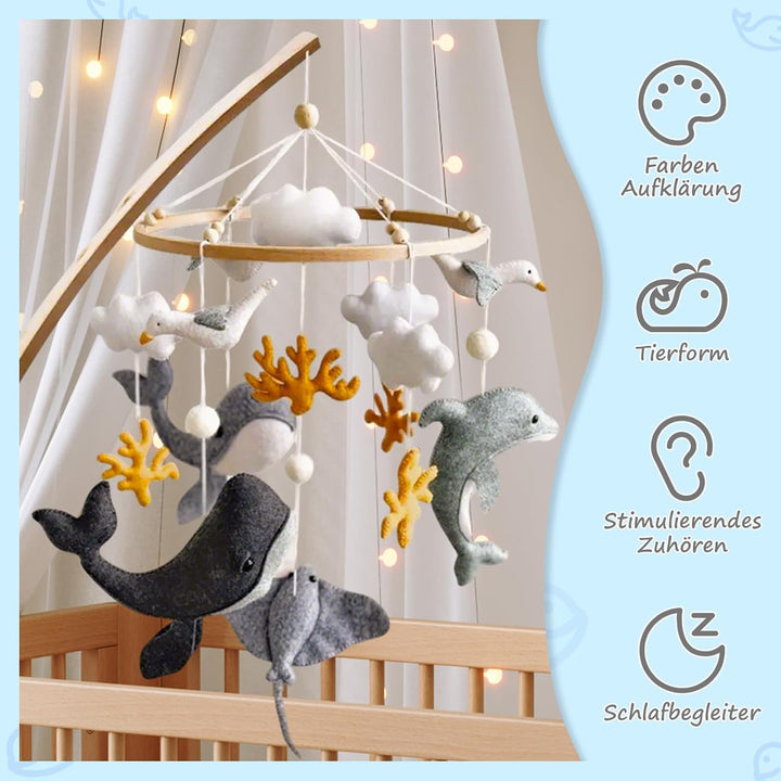 Meer Welt Mobile Baby Windspiele, 3D Delphine Walfisch Koralle Seevogel Mobile Baby Holz mit Filzbäl