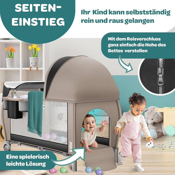 Kidiz® Babybett Reisebett Kinderreisebett klappbar mit Matratze & Räder 120x60, Seiteneingang, Wicke