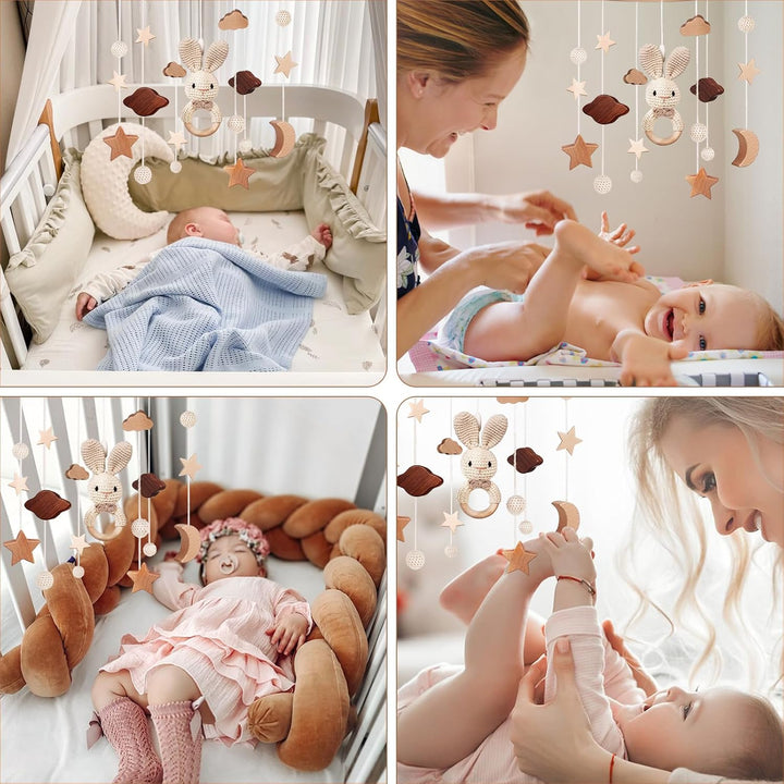 SWECOMZE Mobile Baby Holz Mobile Babybett Bettglocke Windspiel baby mit Wolken Sterne Abnehmbar Häke