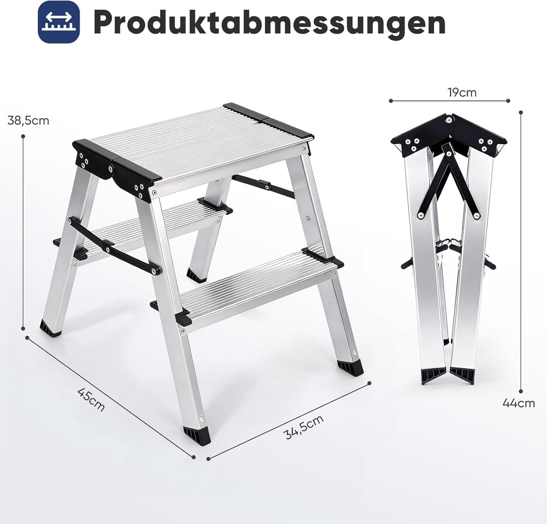 Sekey Klappbare Leiter aus Aluminium 2 Stufen, Aluleiter Beidseitig Begehbar, Klappleiter mit rutsch