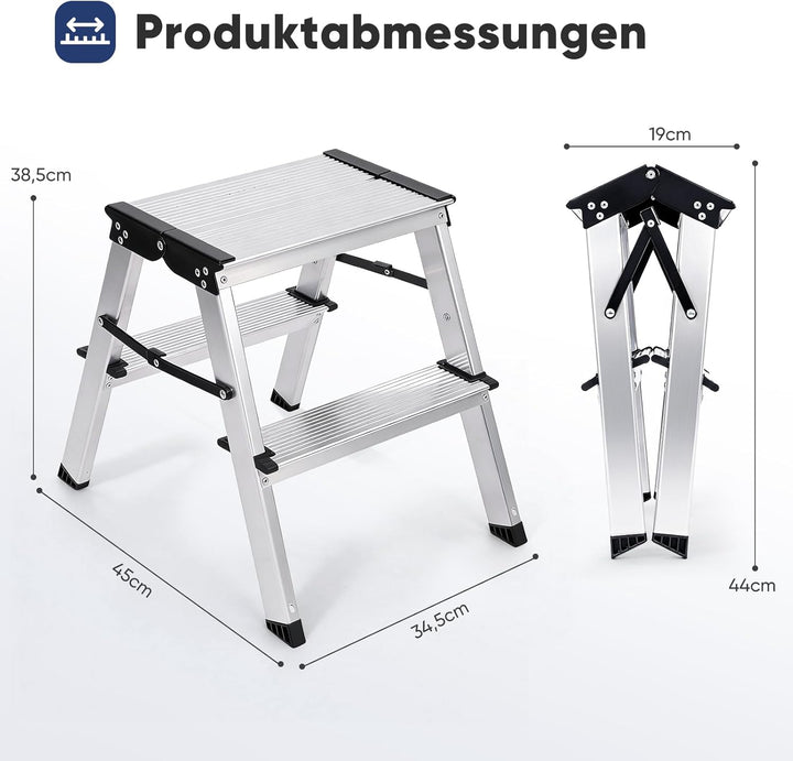 Sekey Klappbare Leiter aus Aluminium 2 Stufen, Aluleiter Beidseitig Begehbar, Klappleiter mit rutsch