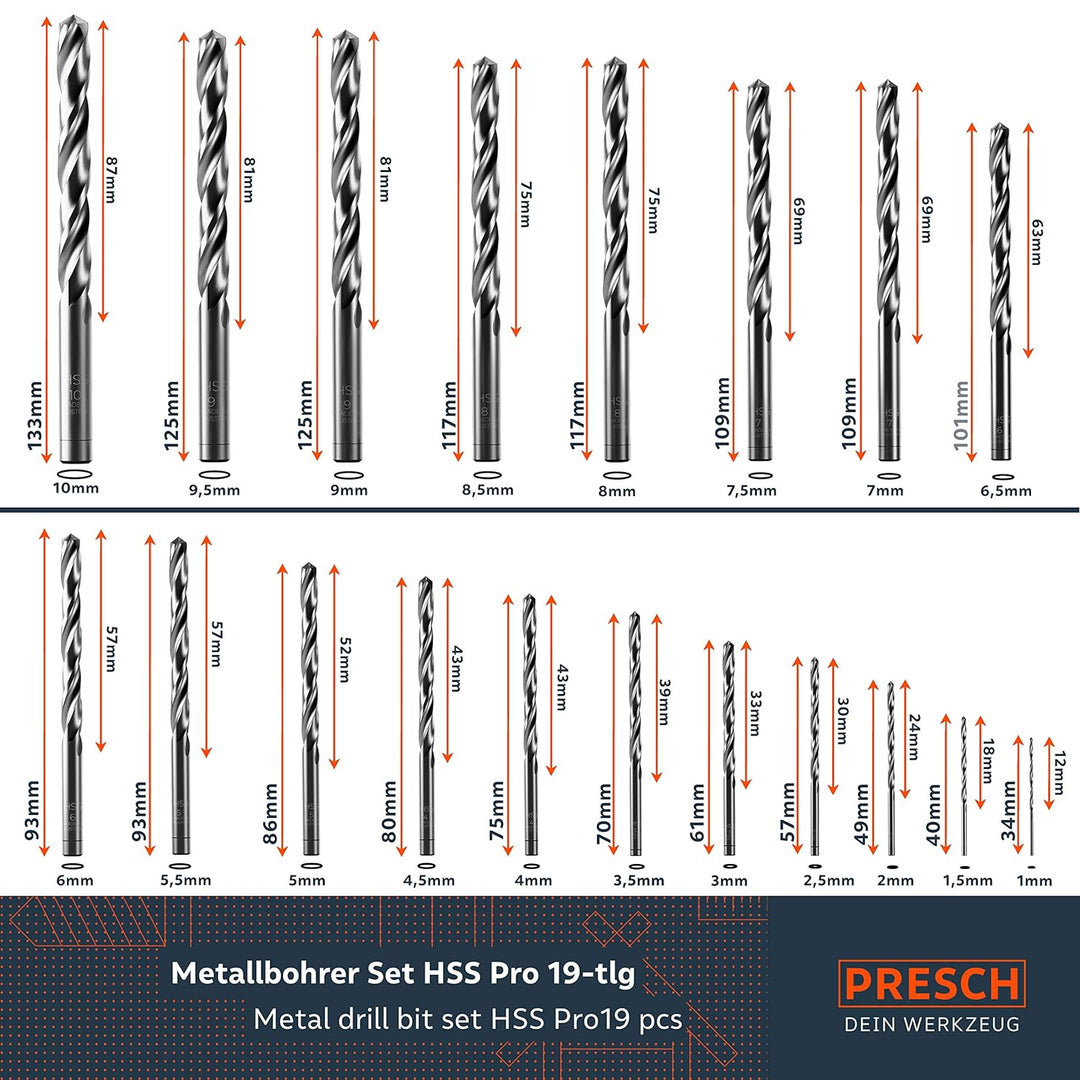 Presch Metallbohrer Set HSS Pro 19-tlg - Präzisionsgeschliffenes, gehärtetes Profi Stahlbohrer Set f