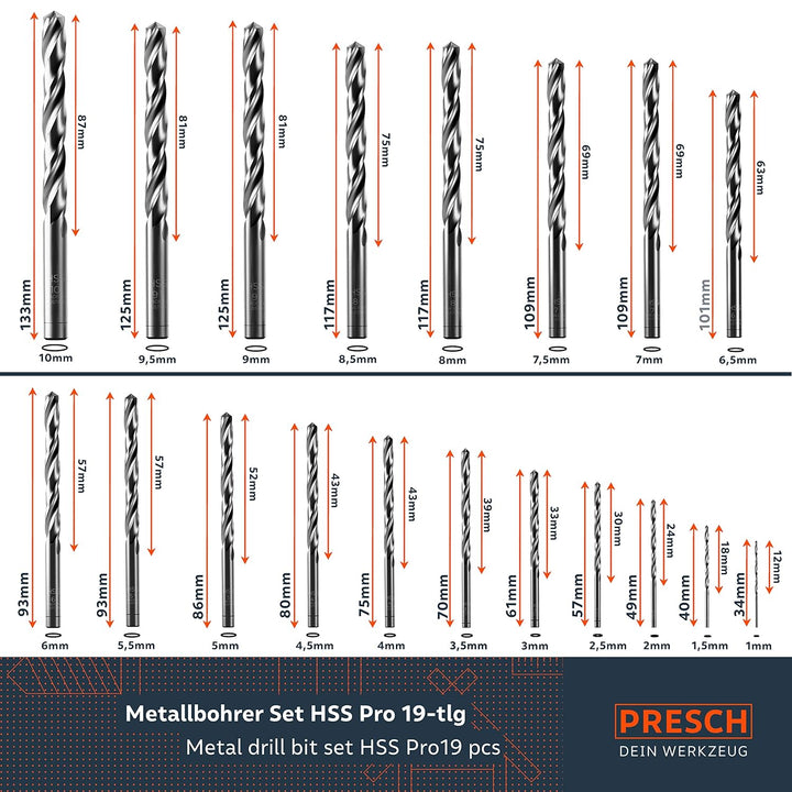 Presch Metallbohrer Set HSS Pro 19-tlg - Präzisionsgeschliffenes, gehärtetes Profi Stahlbohrer Set f