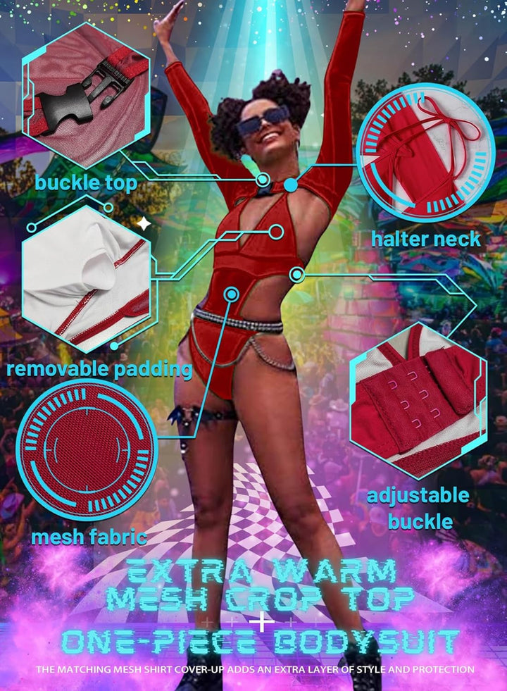 Rave Outfits Für Damen - Festival Outfit Sexy Neon Bauchweg One Piece Badeanzug Shapewear Mesh Jumps