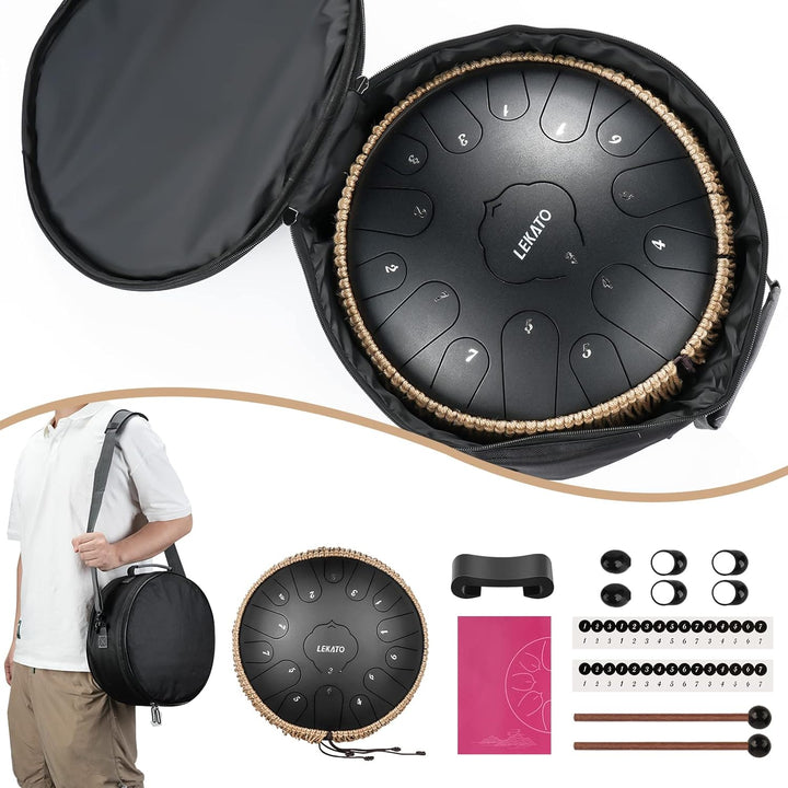 LEKATO Tongue Drum 13 Zoll 15 Noten, Anfänger/Professional Zungentrommel Schlagzeug mit Tragetasche,