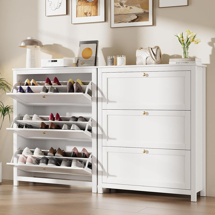 VOWNER Schuhschrank mit 3 Klappen, Schuhregal Schuhkipper Schmal, Schuhschrank Weiss, mit 6 Fächern,