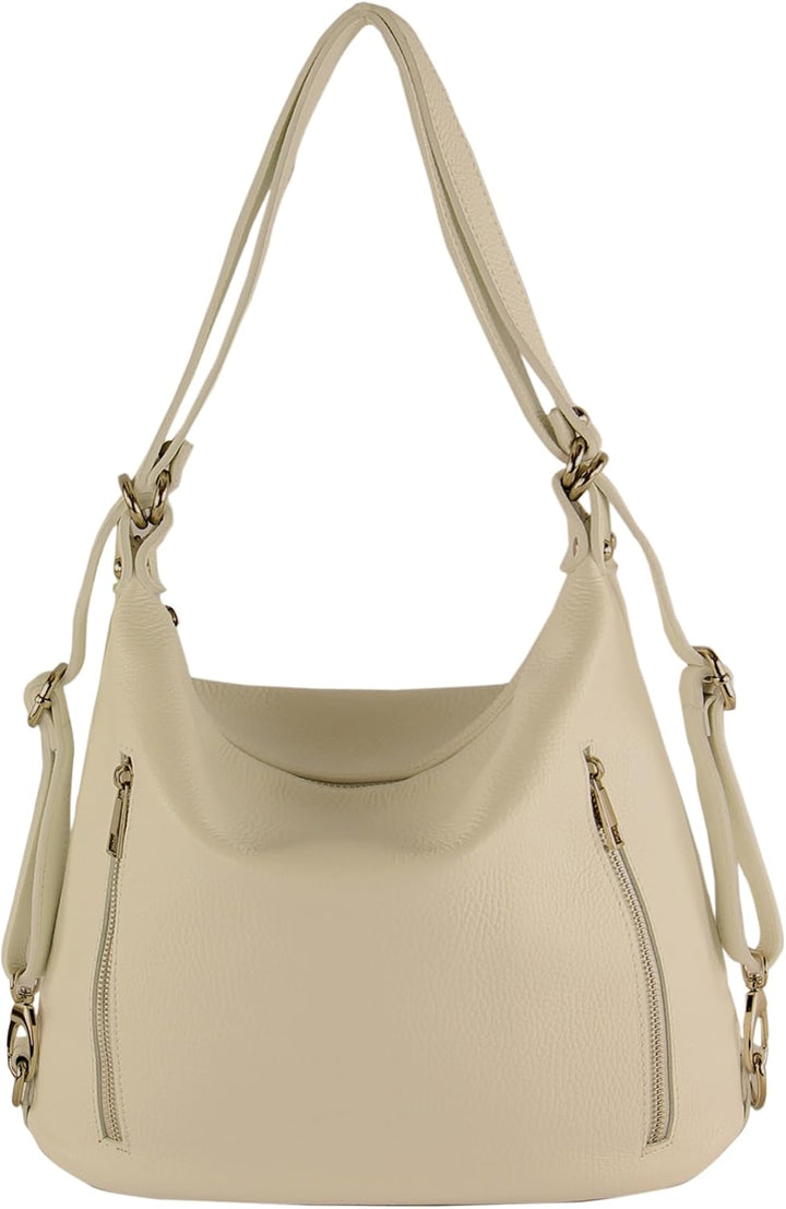 modamoda de - T249 - ital. Damen Rucksack Tasche 2 in 1 aus Leder Creme, Creme