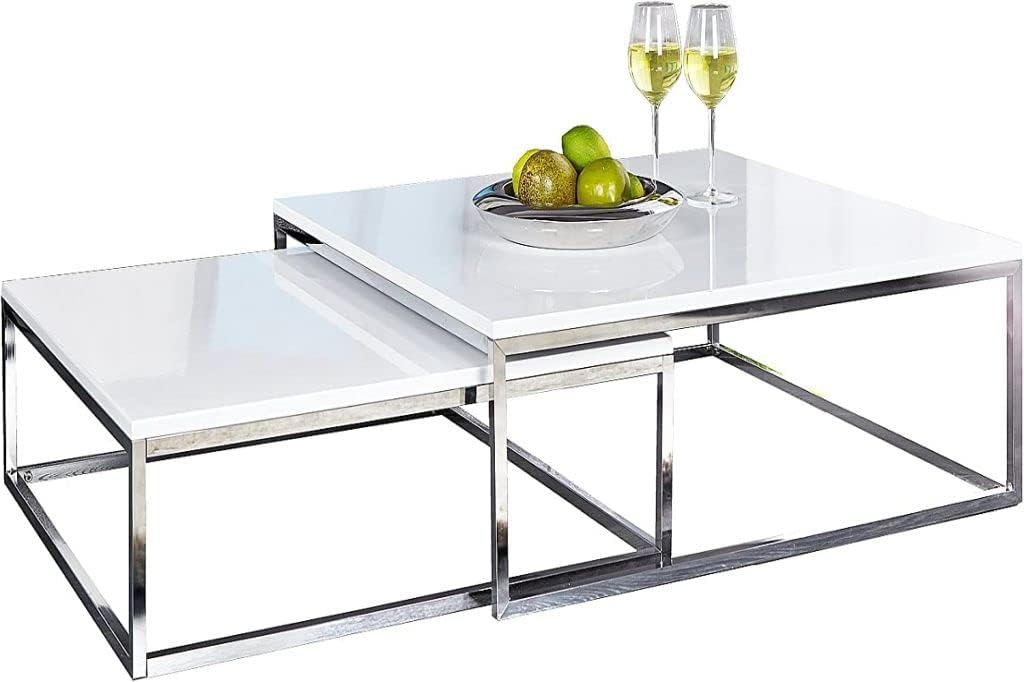 LEBENSwohnART 2er Set Design Couchtisch MENTO Weiss Hochglanz Chromgestell 75/65cm