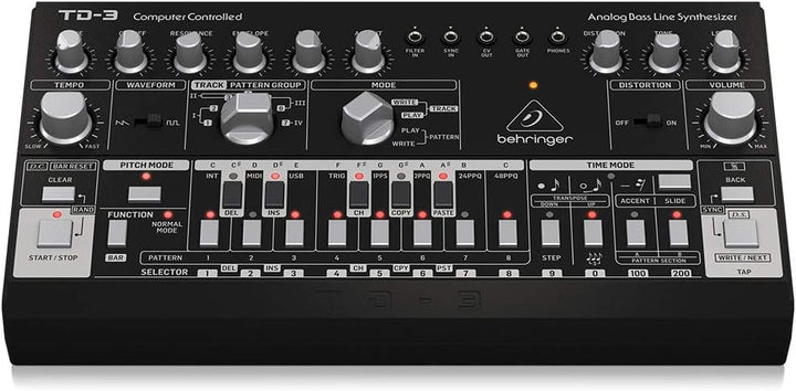 Behringer TD-3-BK Analoger Bass-Line-Synthesizer mit VCO, VCF, 16-stufigem Sequenzer, Verzerrungseff