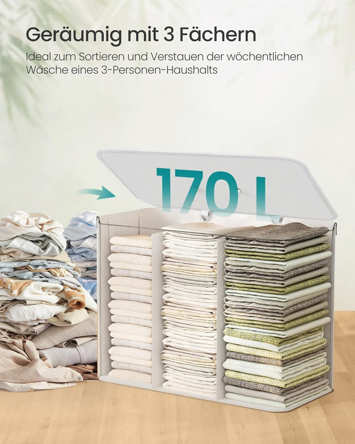 SONGMICS Wäschekorb mit Deckel, 3 Fächer, 170 Liter, Wäschesammler aus Bambus, faltbar, Wäschesack h