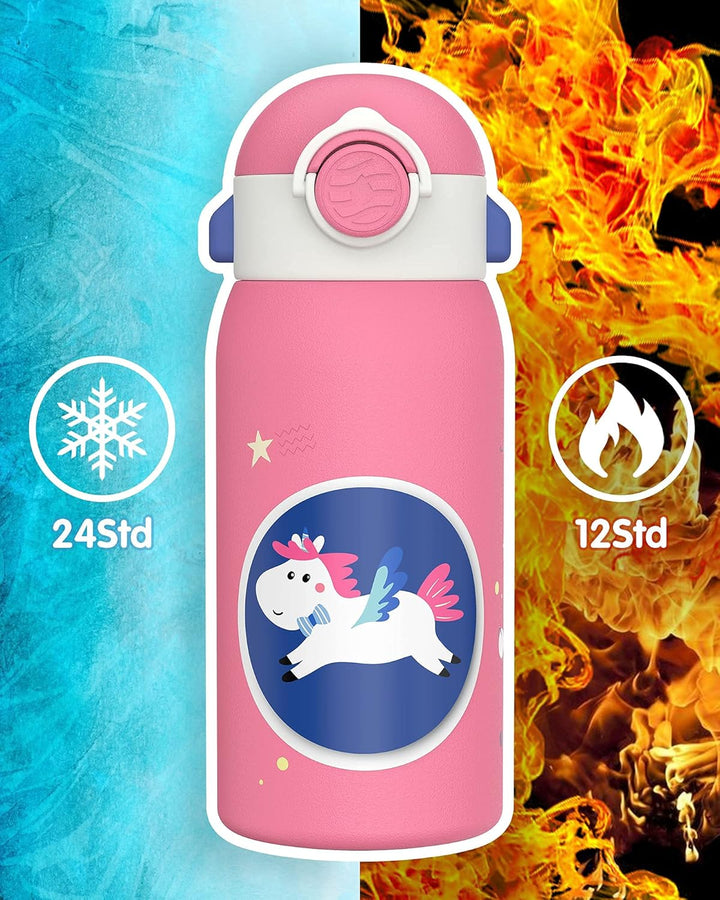 Fjbottle 600ml Trinkflasche Kinder Edelstahlflasche mit Strohhalm + 2 Deckeln, BPA-frei Auslaufsiche