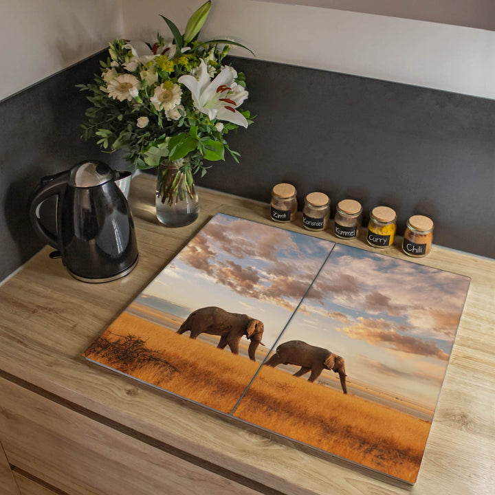 banjado® Herdabdeckplatte Glas 2-teilig je 30x52 cm/Schneidebrett Herdabdeckung mit Motiv Elefanten/