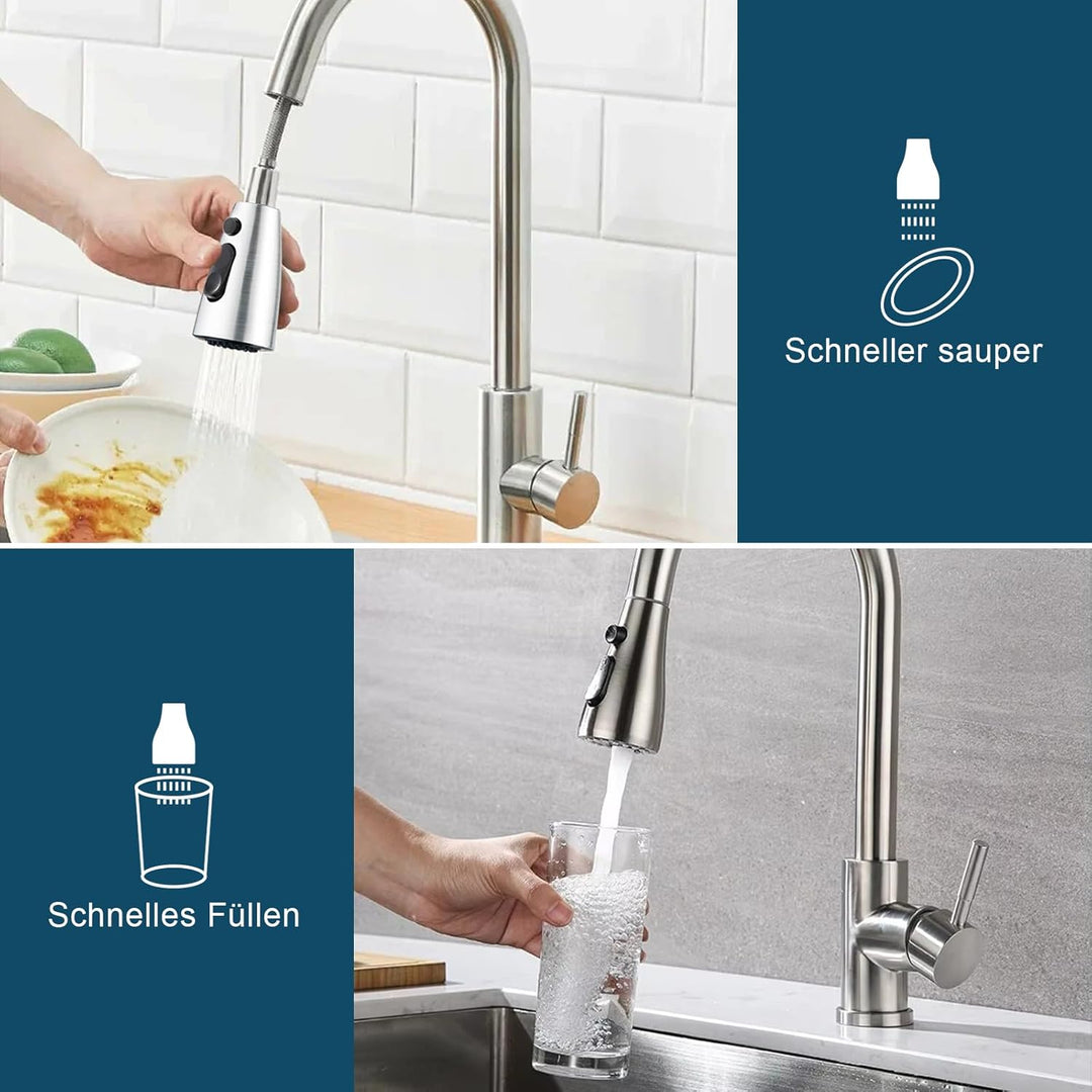 SURFOU Wasserhahn Küche Ausziehbar Schlauch, Küchenarmatur mit Brause Hochdruck, Spültischarmatur Wa