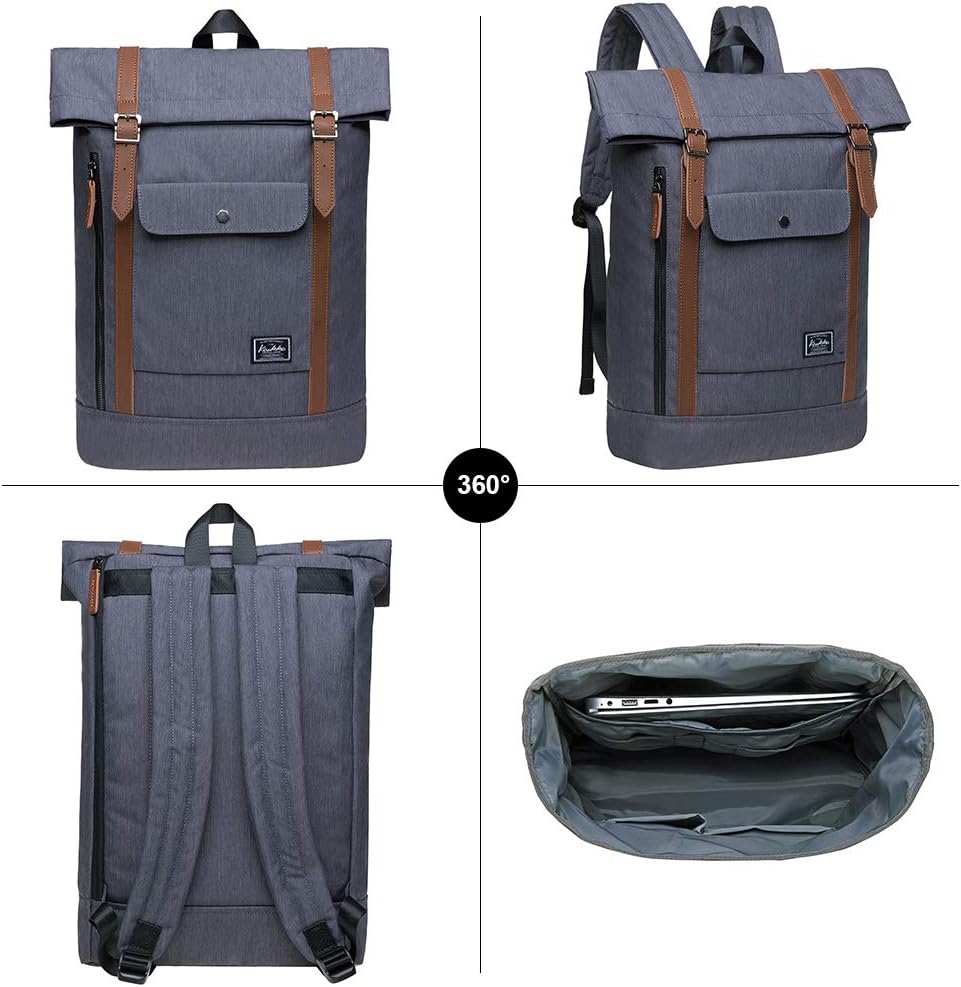 KAUKKO RollTop Rucksack Stylish Backpack für Schule, Uni, Beruf und Reise Grau, Grau