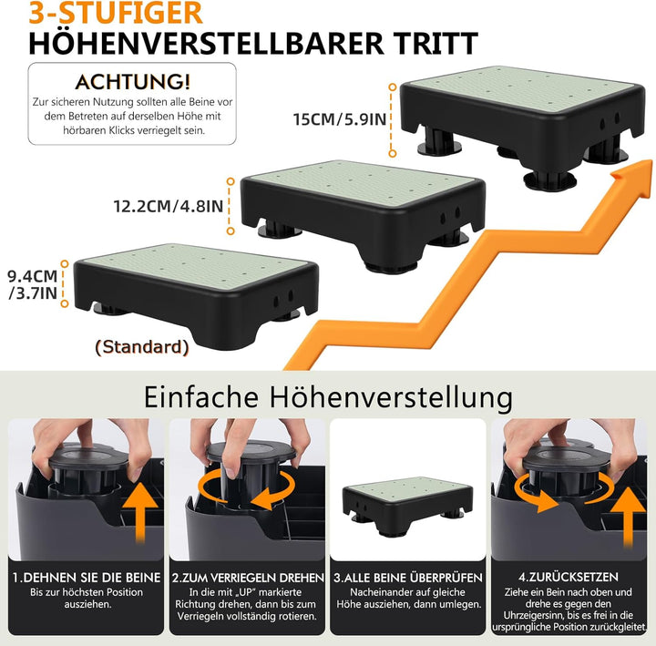 Rutschfest Halbstufe, Nachleuchtende Trittstufe, 3-stufig höhenverstellbarer, max.250 kg, Step Hocke