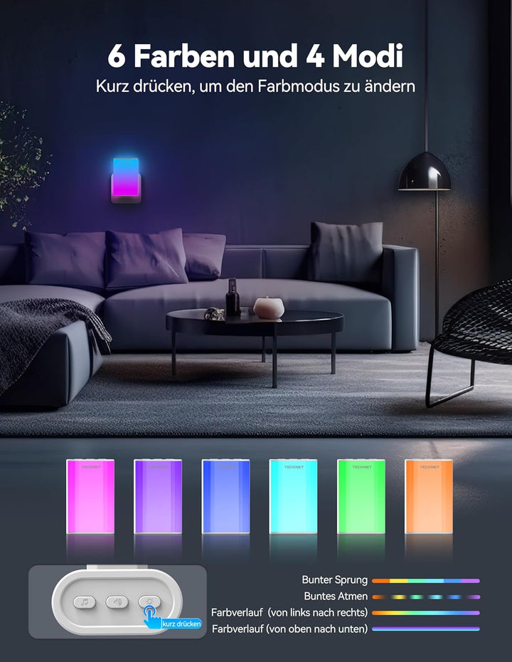 TECKNET Türklingel Batterielose, Steckdosen-Funkklingel mit EU-Steckdose und RGB Licht, IP65 Wasserd