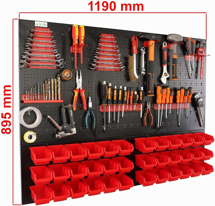 botle® Werkzeugwand Lochwand aus Metall, Stapelboxen + Wandregal + Werkzeughalter 63-tlg Set, Kleint