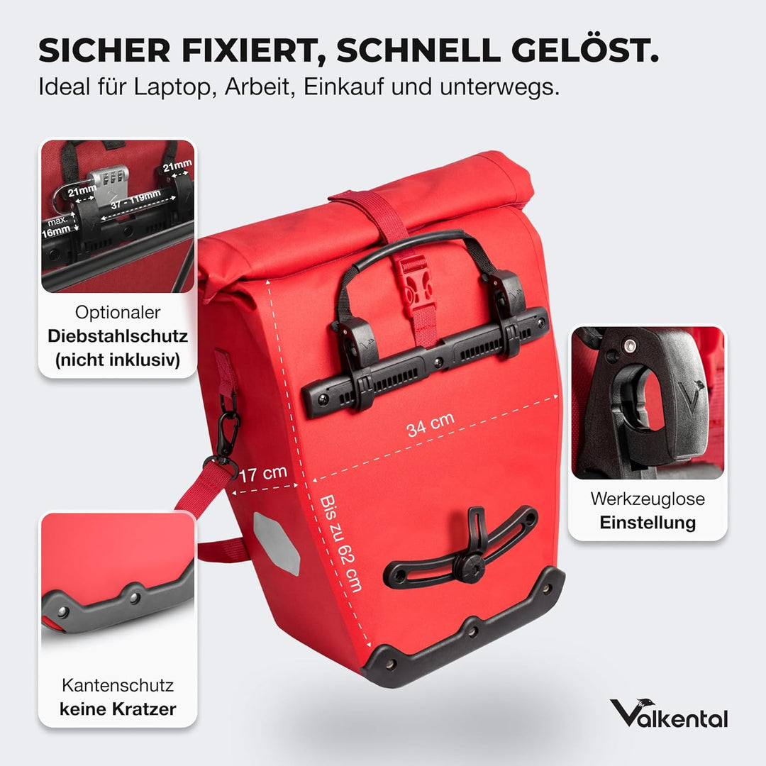 Valkental® Grosse & wasserdichte Gepäckträgertasche [28L] Abschliessbare Befestigung [PVC frei] Fahr