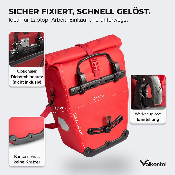 Valkental® Grosse & wasserdichte Gepäckträgertasche [28L] Abschliessbare Befestigung [PVC frei] Fahr