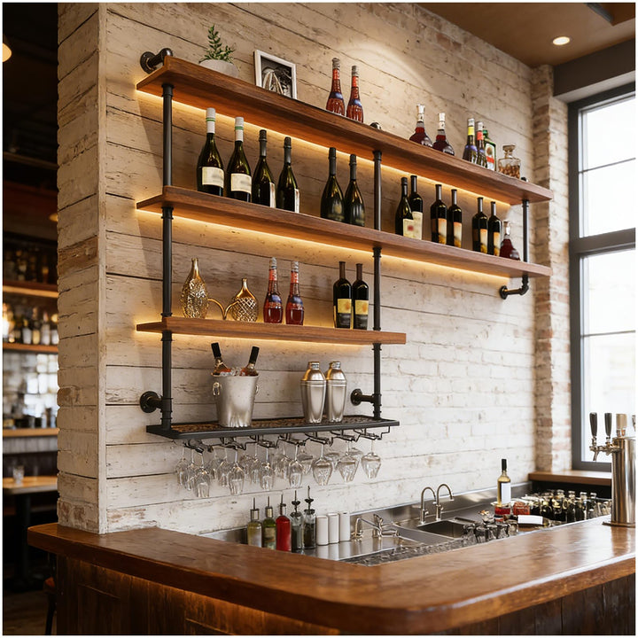80cm Weinregal Zur Wandmontage mit Wein Glashalter, Massivholz Wandmontierte Weinregal mit LED-Licht