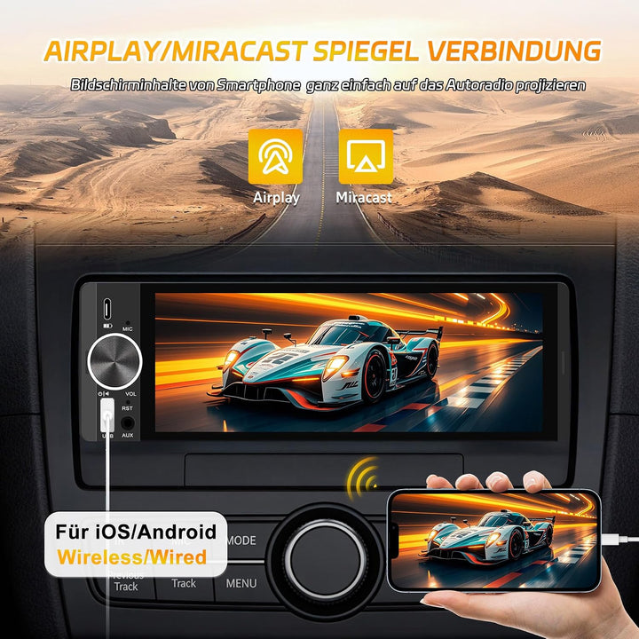1DIN Bluetooth Autoradio mit Bildschirm, CarPlay &amp; Android Auto, Rückfahrkamera, Navi, FM, 6,28 Zoll
