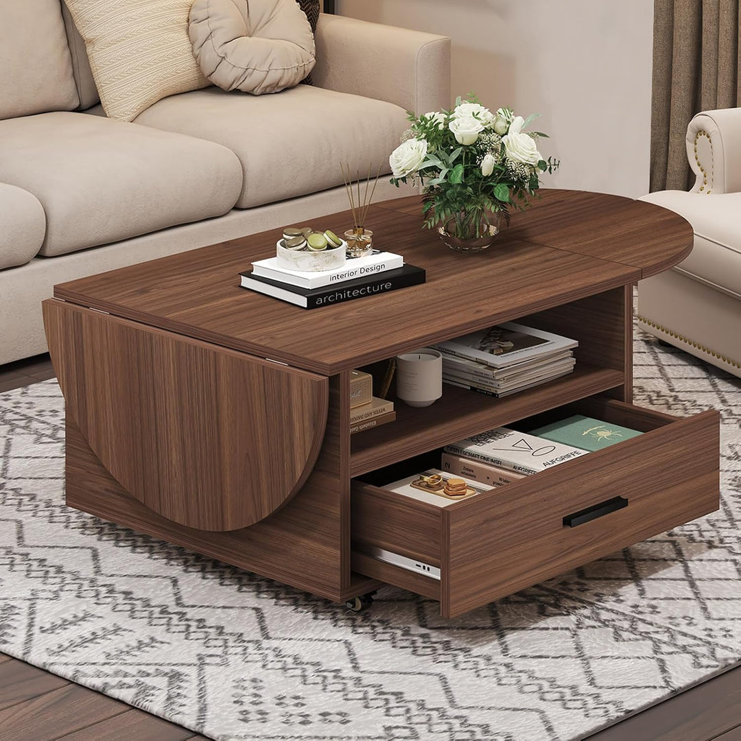 IBF Oval Couchtisch mit Stauraum Holz Wohnzimmer Tisch mit Schublade Klappbarer Couchtisch Für Schla