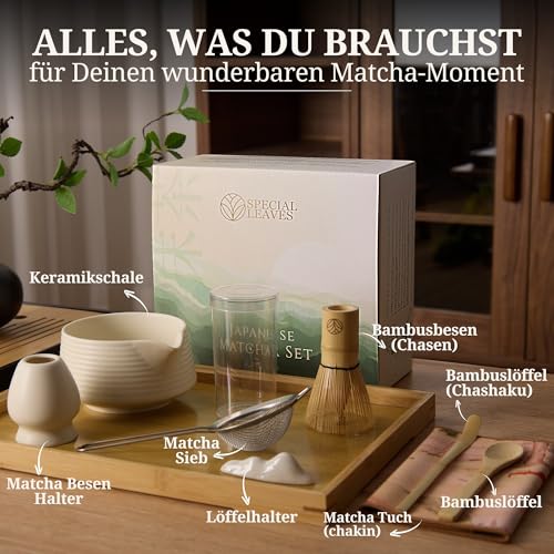Matcha Set mit Matcha Pulver - Weiss - Matcha Tee Set 8-teilig mit Pulver 90g - Schale, Besen & Zube