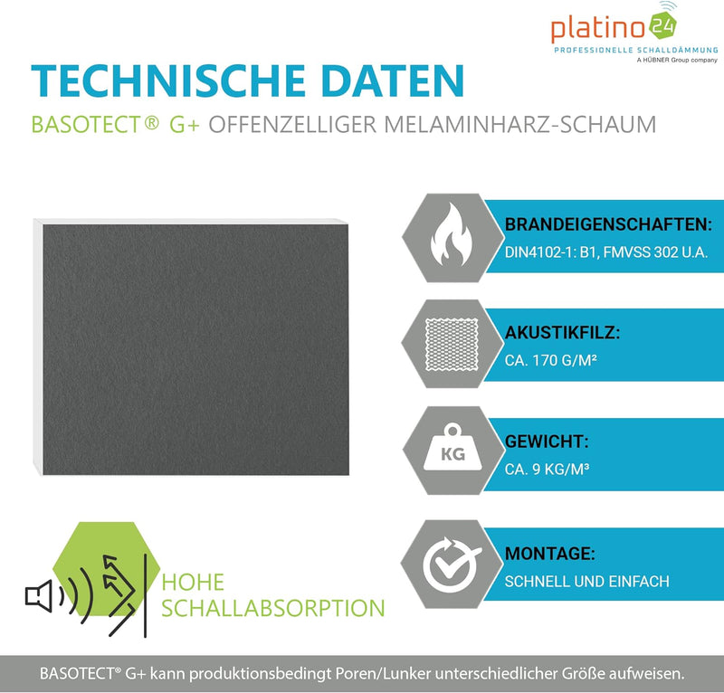 platino24 Schallabsorber Set aus Basotect G+ mit Akustikfilz, 4 Absorberelemente Rechteck je 825x550