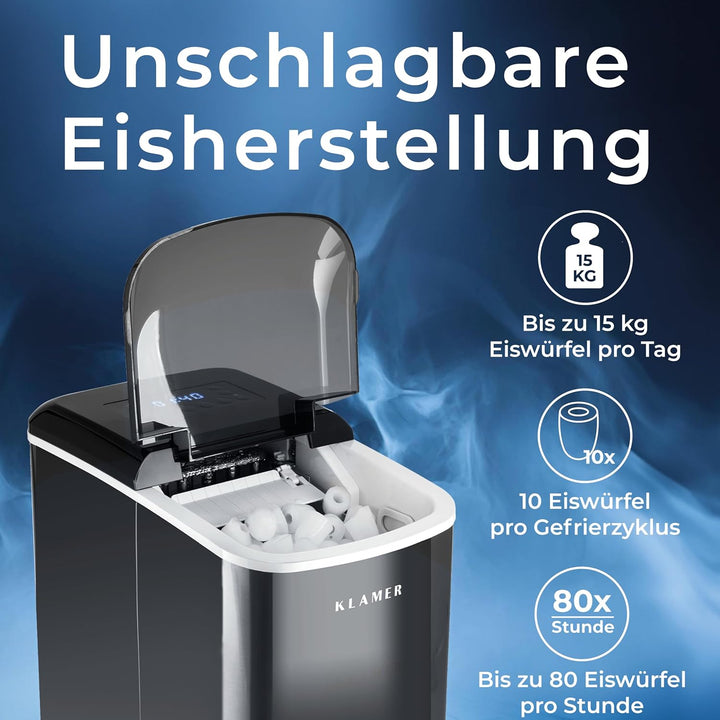 KLAMER Eiswürfelmaschine (2023), 10 Eiswürfel in 7-9 Minuten, 15 kg Eiswürfel pro Tag, 2 Eiswürfelgr