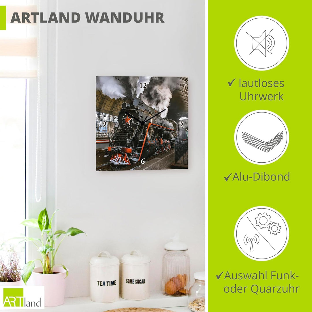 ARTLAND Wanduhr ohne Tickgeräusche Leinwand Quarzuhr 30x30 cm Quadratisch Lautlos Lokomotive Eisenba