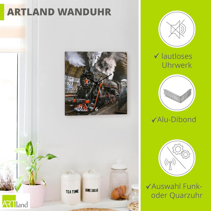 ARTLAND Wanduhr ohne Tickgeräusche Leinwand Quarzuhr 30x30 cm Quadratisch Lautlos Lokomotive Eisenba