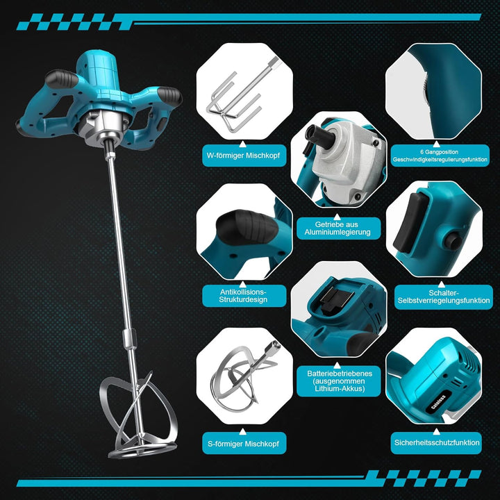 Akku Farbmörtelrührer Kompatibel mit Makita Batterie,Brushless 3200W Rührwerk Zementmischer, 6-Gang-
