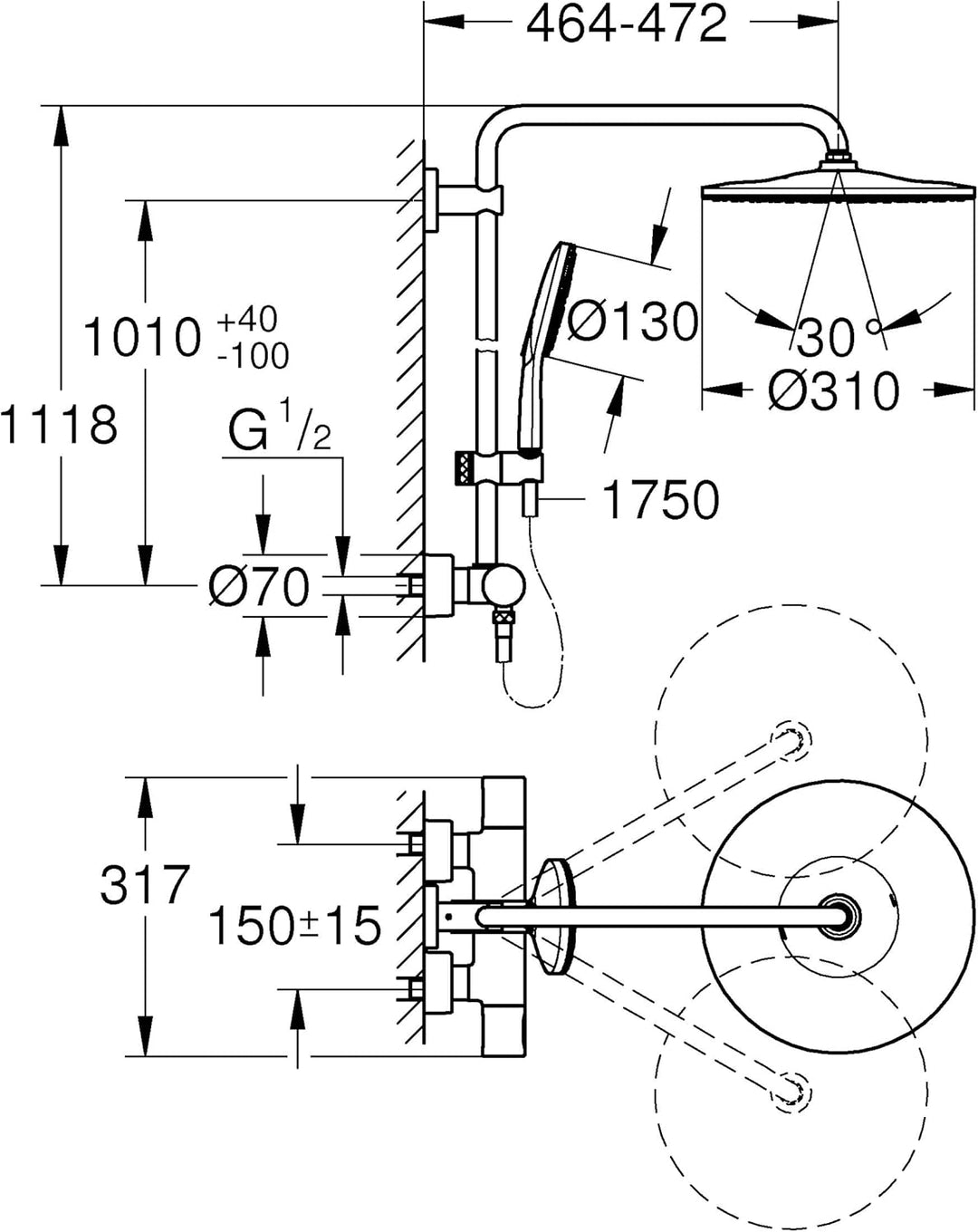 GROHE Rainshower Smartactive 310 - Duschsystem mit Thermostatarmatur (Wandmontage, Antikalk-System,