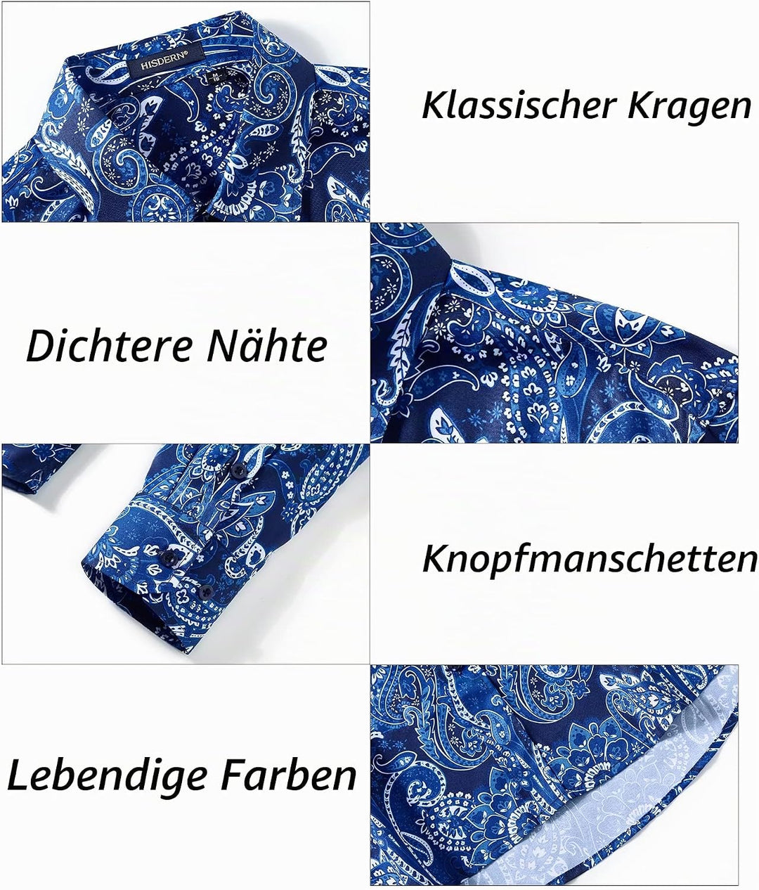 HISDERN Herren Paisley Hemd Langarm Satin Blumen Muster Hemd für Männer Jacquard Stickerei Freizeith