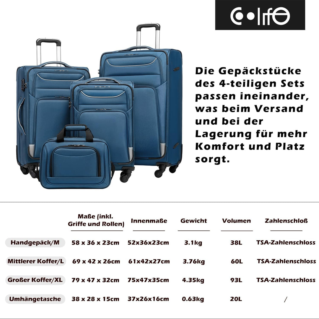 COOLIFE Kofferset 4 teilig Weichgepäck 58/66/80cm und 1 Grosse Umhängetasche | Stoffkoffer Reisekoff