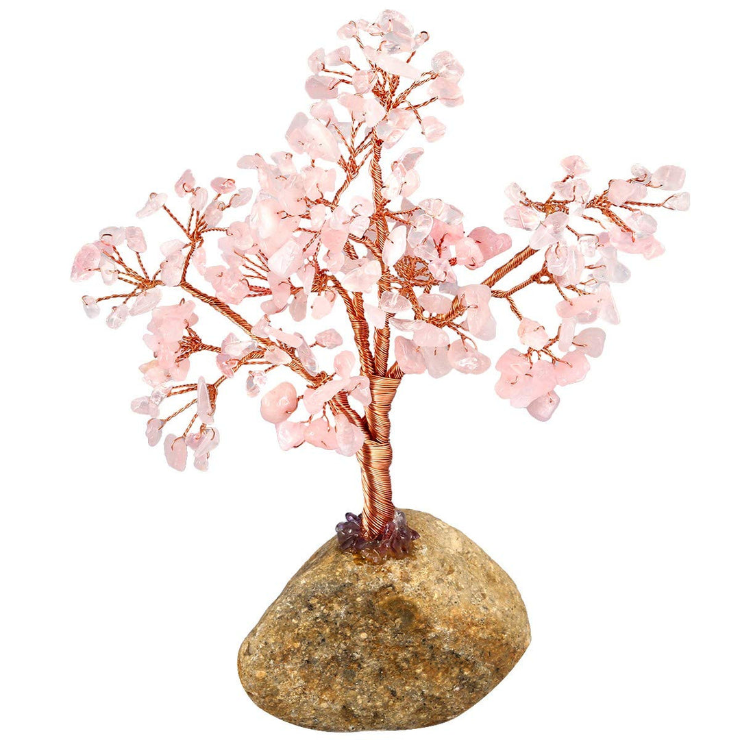 KYEYGWO Geld-Baum eingewickelt auf Steinbasis-Bonsaiskulptur-Figur für gutes Glück Rosenquarz 15CM-2
