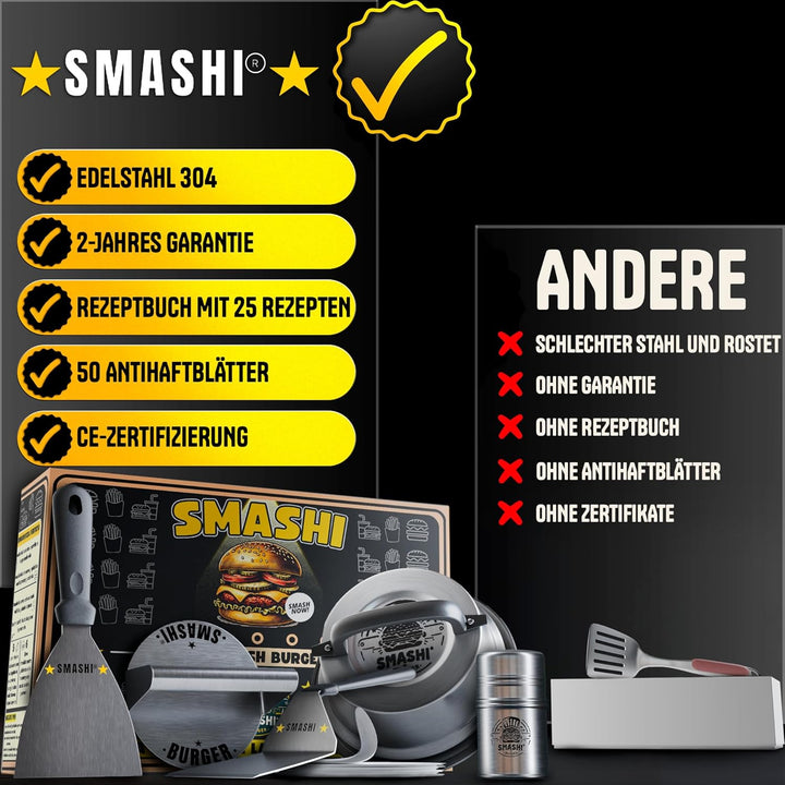 SMASHI® Smash Burger Set Professionell aus Edelstahl 304 – Burgerpresse, 2 Spachtel, Burgerglocke, G
