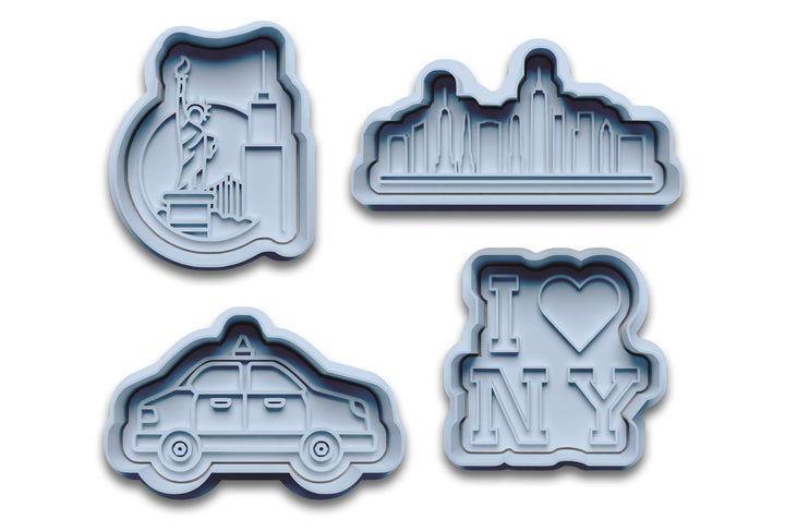 Keksausstecher New York Set – 4-teilig – Freiheitsstatue, Skyline, Yellow Cab, I NY – PLA – USA Back