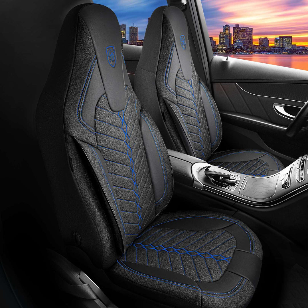Autositzbezüge Universal für PKW & SUV – Premium Vordersitze Auto Sitzbezug aus Leinen, Schwarz-Blau
