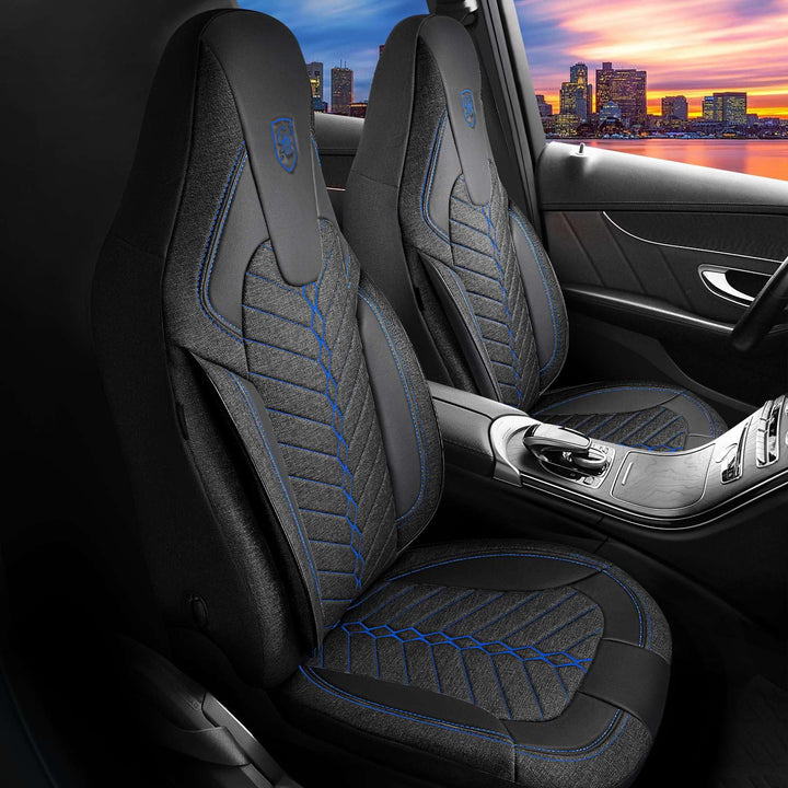 Autositzbezüge Universal für PKW & SUV – Premium Vordersitze Auto Sitzbezug aus Leinen, Schwarz-Blau
