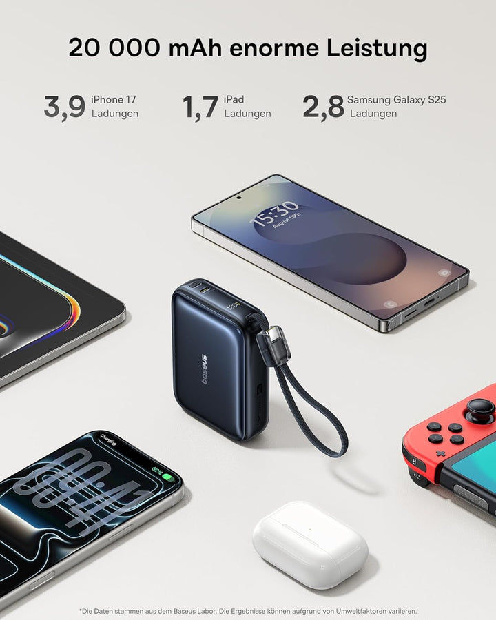 Baseus AC22 Mini Powerbank 20000mAh, 45W PD Power Bank Klein mit Integriertem USB-C Kabel, Externe H