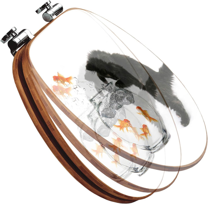 banjado® Design WC Sitz Bambus Absenkautomatik mit Motiv Katze Und Fisch/Toilettendeckel mit Absenka