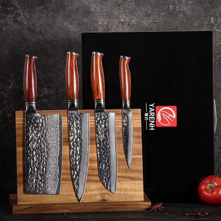 YARENH Damastmesser Set 5 er, Scharfe Messer aus 73 Lagen Damaststahl Klinge und Holzgriff, Messer S